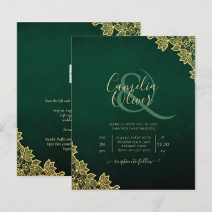 Gold Lace Emerald Green All-in-1 Wedding Invite QR