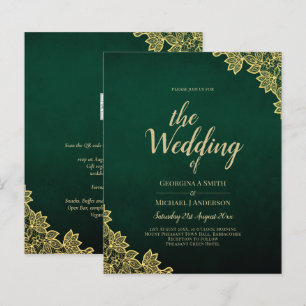 Gold Lace Emerald Green All-in-1 Wedding Invite QR