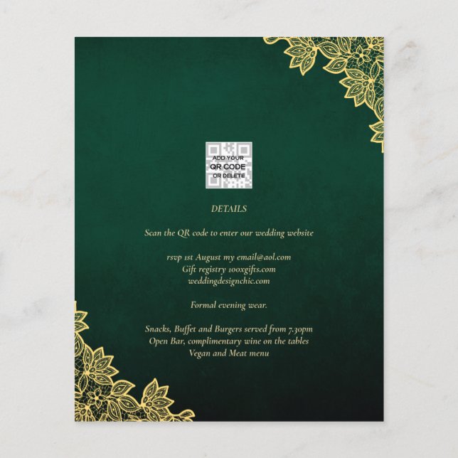 Gold Lace Emerald Green All-in-1 Wedding Invite QR Flyer (Back)