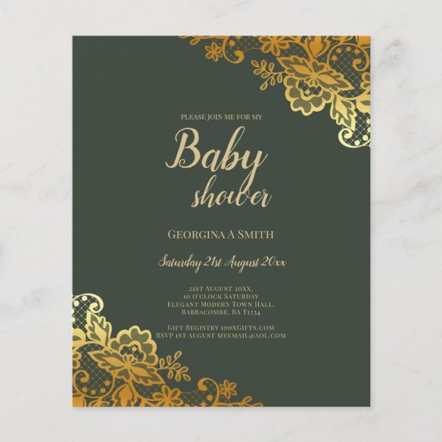 Gold Lace Emerald Green Baby Shower Flyer (Front)