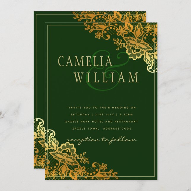 Gold Lace Emerald Green Wedding Invitations Budget (Front/Back)