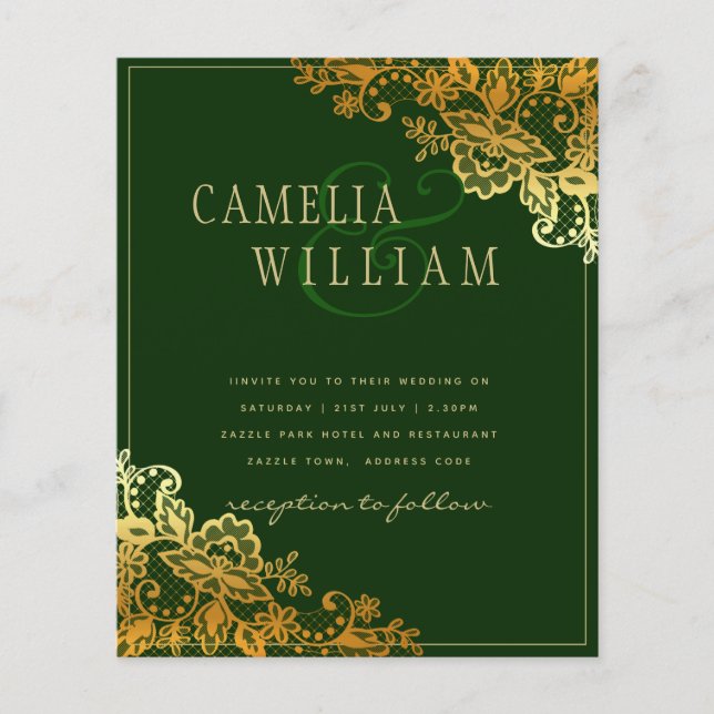 Gold Lace Emerald Green Wedding Invitations Budget (Front)
