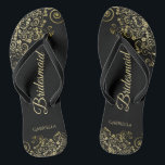 Gold Lace Frills Elegant Black Bridesmaid Wedding Thongs<br><div class="desc">These elegant wedding flip flops are a great way to thank and recognise your bridesmaids, while giving their feet a rest after a long day. The beautiful design features an elegant design with golden lace frills on a classic black background and fancy gold coloured script lettering. The text reads Bridesmaid...</div>