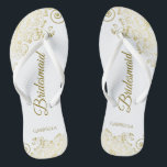 Gold Lace Frills Elegant White Bridesmaid Wedding Thongs<br><div class="desc">These elegant wedding flip flops are a great way to thank and recognise your bridesmaids, while giving their feet a rest after a long day. The beautiful design features an elegant design with golden lace frills on a white background and fancy gold coloured script lettering. The text reads Bridesmaid with...</div>