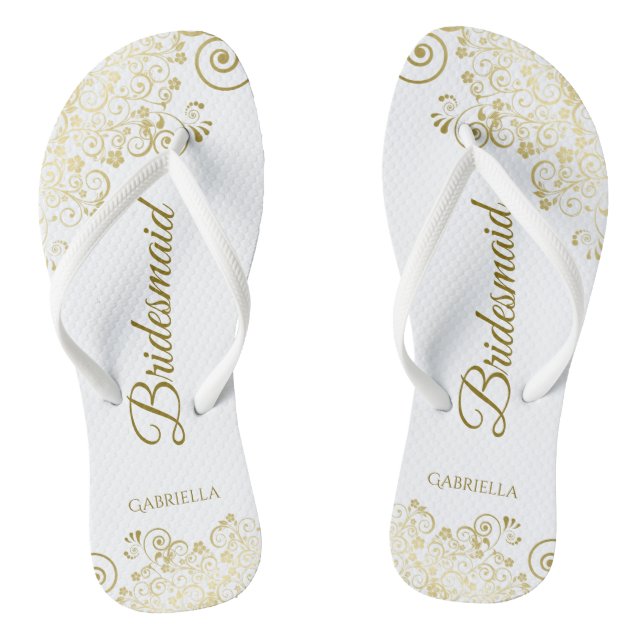 Gold Lace Frills Elegant White Bridesmaid Wedding Thongs (Footbed)