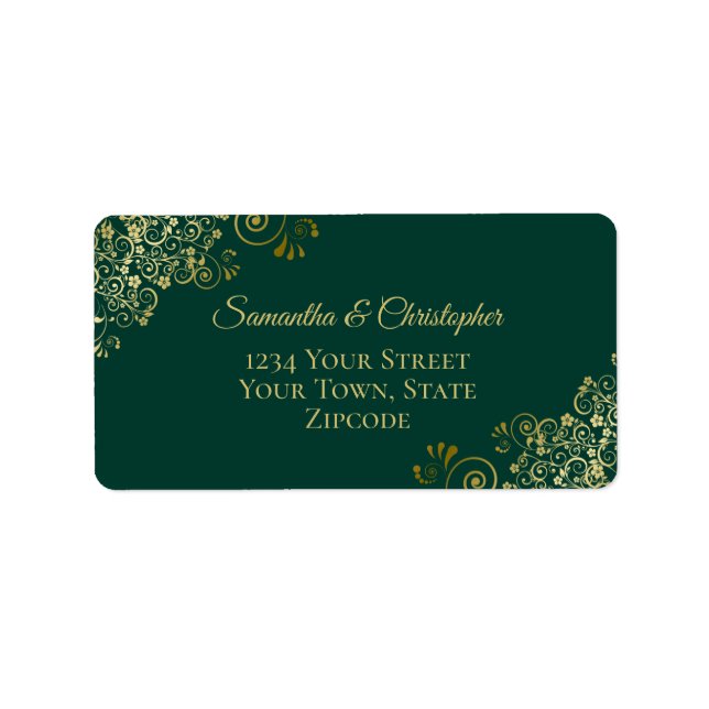 Gold Lace Frills on Emerald Green Wedding Address Label (Front)