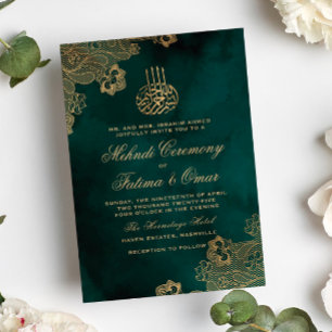 Gold Lace Green Islamic Muslim Mehndi Ceremony Invitation