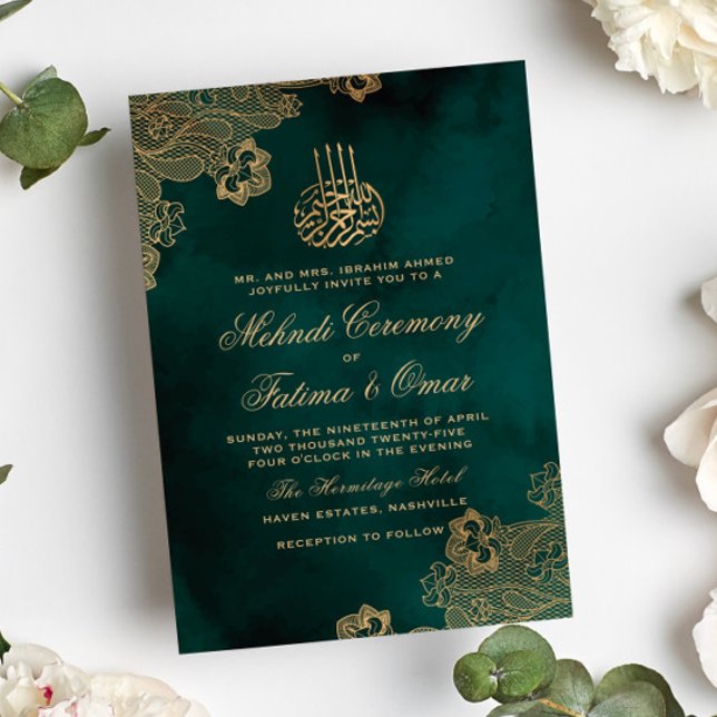 Gold Lace Green Islamic Muslim Mehndi Ceremony Invitation (Creator Uploaded)