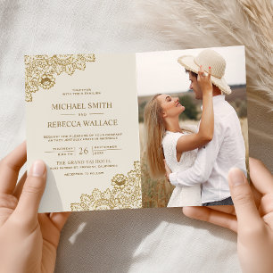 Gold Lace Ivory Cream Photo QR Code Wedding Invitation