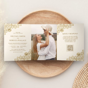 Gold Lace Ivory Cream Photo QR Code Wedding Tri-Fold Invitation