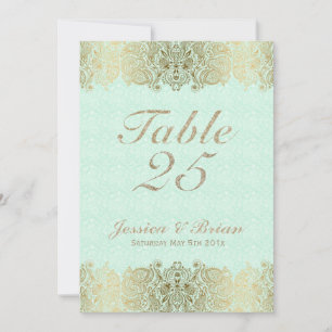 Gold Lace & Mint-Green Wedding Table Number