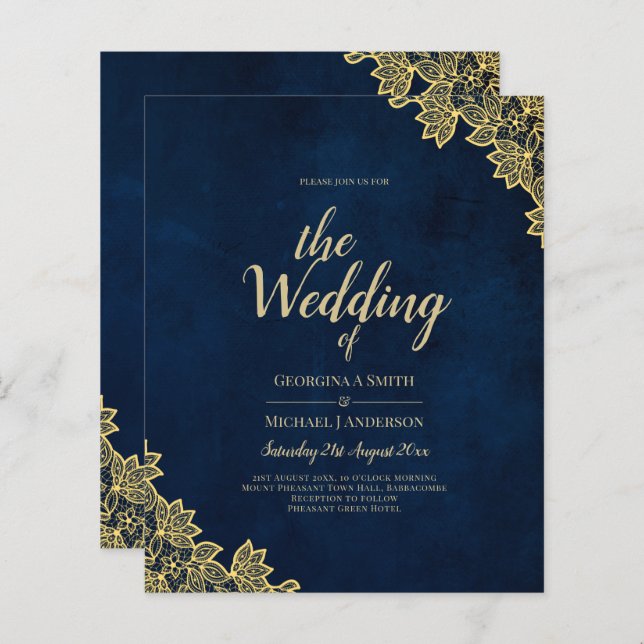 Gold Lace Navy Blue All-in-1 Wedding Invites QR Co (Front/Back)