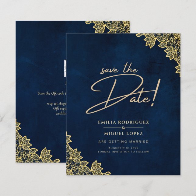 Gold Lace Navy Blue All-in-1 Wedding Invites QR Co (Front/Back)