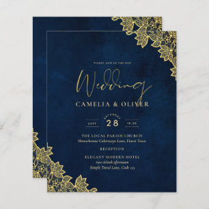 Gold Lace Navy Blue All-in-1 Wedding Invites QR Co