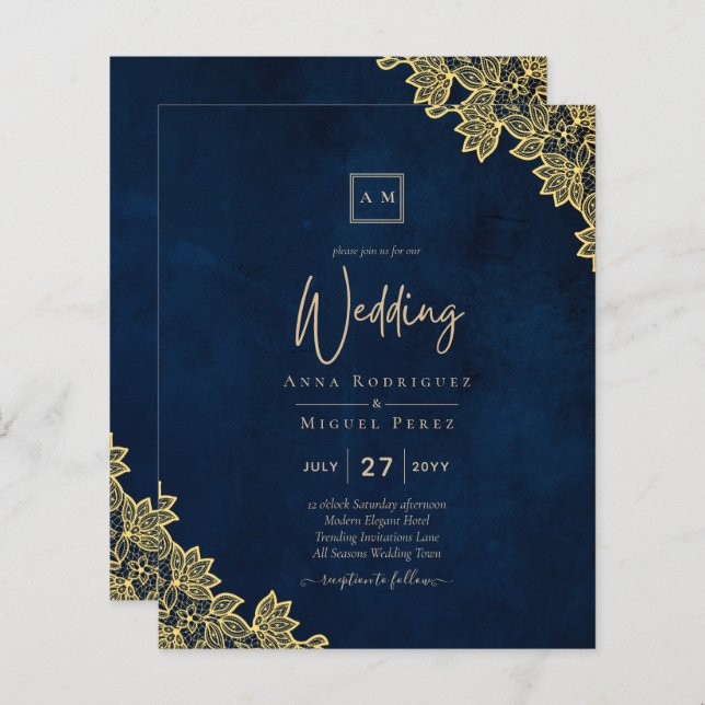 Gold Lace Navy Blue All-in-1 Wedding Invites QR Co (Front/Back)