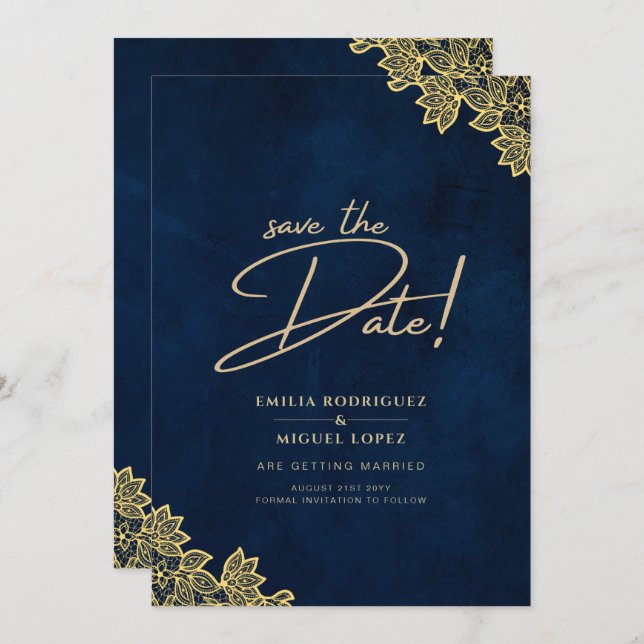 Gold Lace Navy Blue All-in-1 Wedding Invites QR Co (Front/Back)