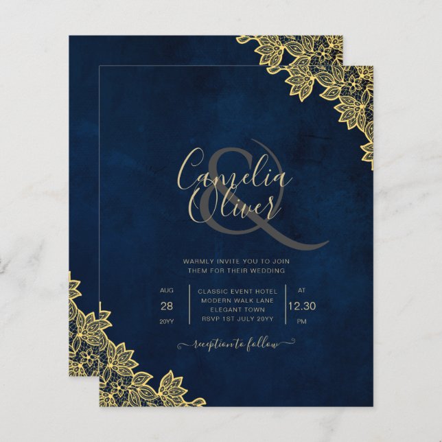 Gold Lace Navy Blue All-in-1 Wedding Invites QR Co (Front/Back)