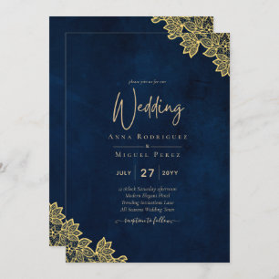 Gold Lace Navy Blue All-in-1 Wedding Invites QR Co