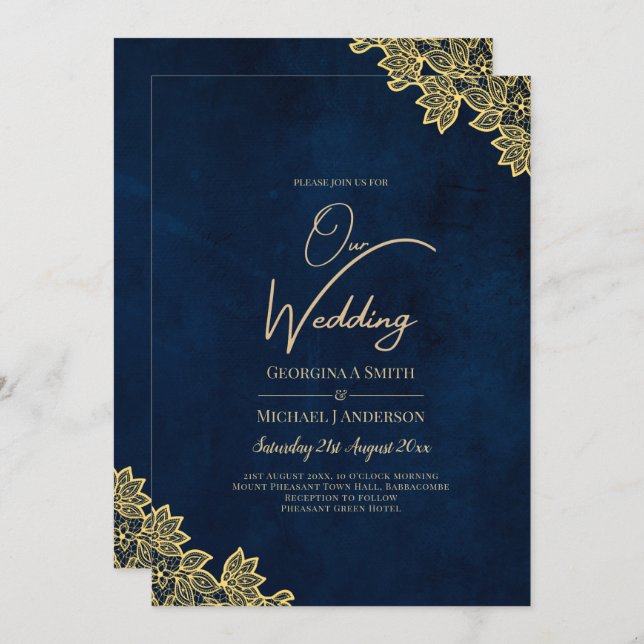 Gold Lace Navy Blue All-in-1 Wedding Invites QR Co (Front/Back)