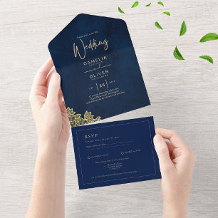 Gold Lace Navy Blue All-in-1 Wedding Invites QR Co