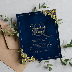 Gold Lace Navy Blue All-in-1 Wedding Invites QR Co