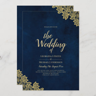 Gold Lace Navy Blue All-in-1 Wedding Invites QR Co