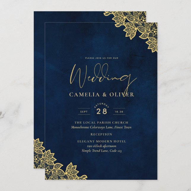 Gold Lace Navy Blue All-in-1 Wedding Invites QR Co (Front/Back)