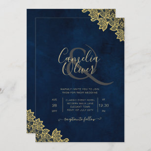 Gold Lace Navy Blue All-in-1 Wedding Invites QR Co
