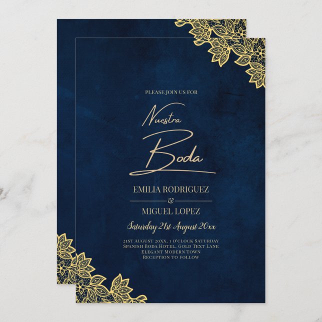 Gold Lace Navy Blue All-in-1 Wedding Invites QR Co (Front/Back)