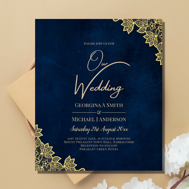 Gold Lace Navy Blue All-in-1 Wedding Invites QR Co Flyer (Creator Uploaded)
