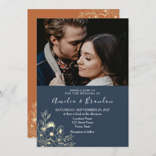 Gold Lace Navy Blue Wedding Invitation