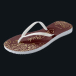 Gold Lace on Auburn Brown The Bride Wedding Thongs<br><div class="desc">Dance the night away with these beautiful wedding flip flops. Designed for the bride, they feature a simple yet elegant design with gold colored script lettering on a chocolate brown or auburn colored background and fancy golden lace curls and swirls. Beautiful way to stay fancy and appropriate while giving your...</div>