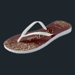 Gold Lace on Auburn Brown The Bride Wedding Thongs<br><div class="desc">Dance the night away with these beautiful wedding flip flops. Designed for the bride, they feature a simple yet elegant design with gold colored script lettering on a chocolate brown or auburn colored background and fancy golden lace curls and swirls. Beautiful way to stay fancy and appropriate while giving your...</div>