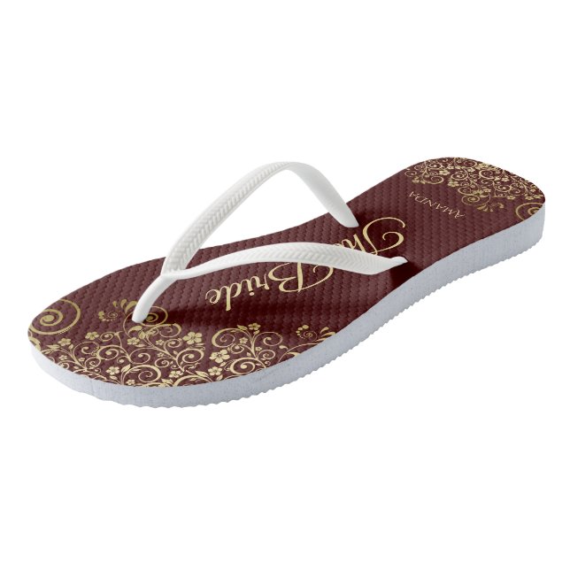 Gold Lace on Auburn Brown The Bride Wedding Thongs (Angled)