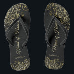 Gold Lace on Black Elegant Maid of Honour Wedding Thongs<br><div class="desc">These beautiful wedding flip flops are a great way to thank and recognise your Maid of Honour while saving her feet at the same time. Features an elegant design with golden lace frills on a black background and fancy gold coloured script lettering. The test reads Maid of Honour with her...</div>