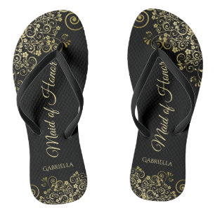 Gold Lace on Black Elegant Maid of Honour Wedding Thongs