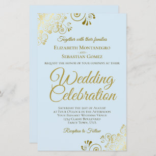 Gold Lace on Blue BUDGET Wedding Invitation Large