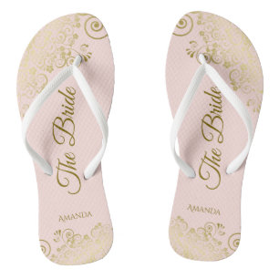 Gold Lace on Blush Pink The Bride Elegant Wedding Thongs