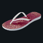 Gold Lace on Burgundy Maroon The Bride Wedding Thongs<br><div class="desc">Dance the night away with these beautiful wedding flip flops. Designed for the bride, they feature a simple yet elegant design with gold colored script lettering on a burgundy, maroon, or wine red colored background and fancy golden lace curls and swirls. Beautiful way to stay fancy and appropriate while giving...</div>