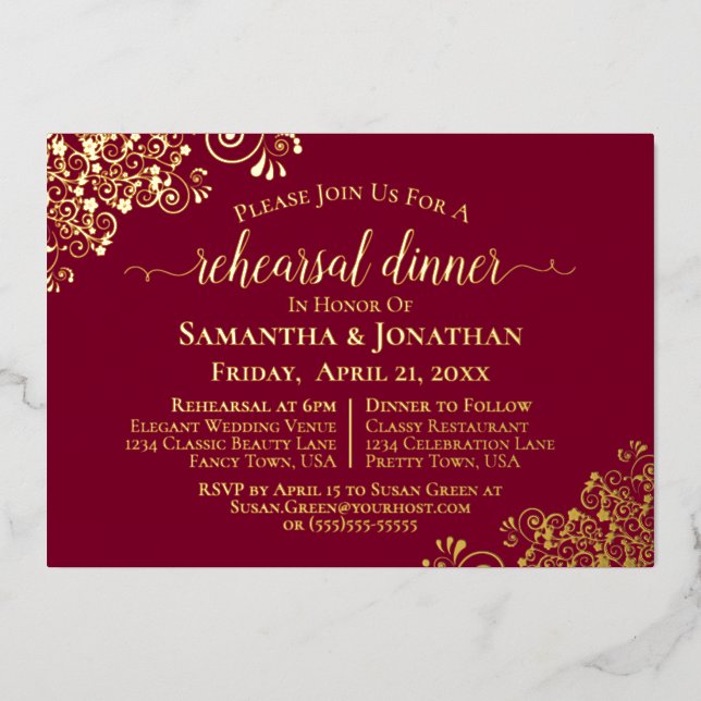 Gold Lace on Burgundy Wedding Rehearsal Dinner (Front)