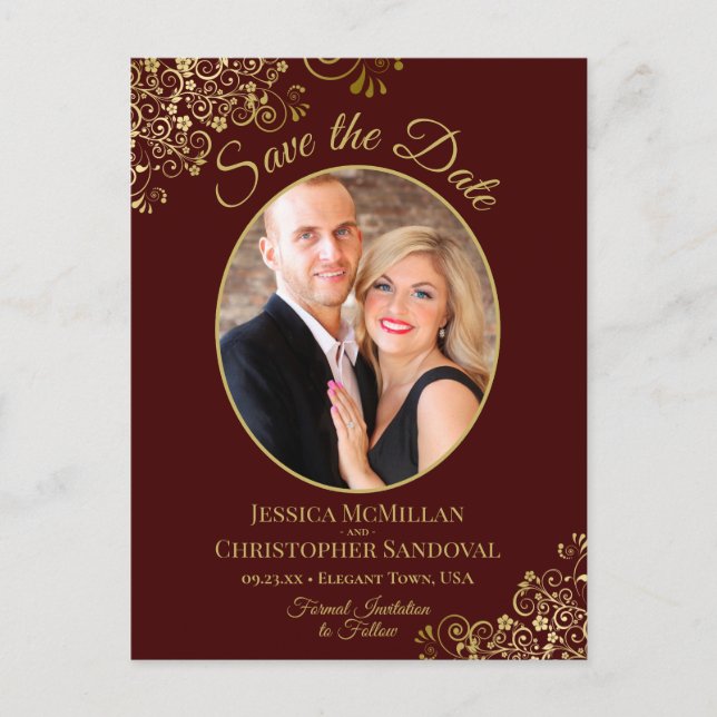 Gold Lace on Burgundy Wedding Save the Date Photo Announcement Postcard (Front)