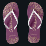 Gold Lace on Cassis Purple Bridesmaid Wedding Thongs<br><div class="desc">These elegant wedding flip flops are a great way to thank and recognise your bridesmaids, while giving their feet a rest after a long day. The beautiful design features an elegant design with golden lace frills on a cassis purple, magenta, or berry coloured background and fancy gold coloured script lettering....</div>