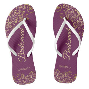 Gold Lace on Cassis Purple Bridesmaid Wedding Thongs