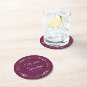 Gold Lace on Cassis Purple or Magenta Chic Wedding Round Paper Coaster