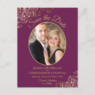 Gold Lace on Cassis Wedding Save the Date Photo Announcement Postcard
