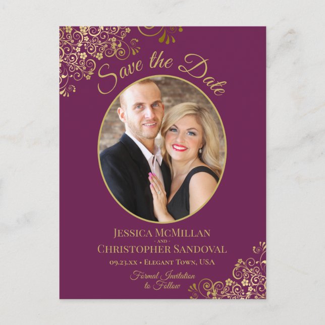 Gold Lace on Cassis Wedding Save the Date Photo Announcement Postcard (Front)