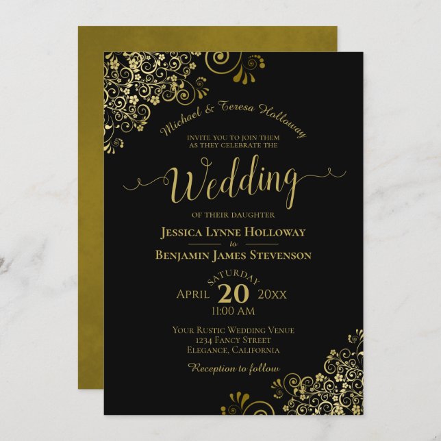 Gold Lace on Classic Black Elegant Formal Wedding Invitation (Front/Back)