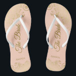 Gold Lace on Coral Peach The Bride Elegant Wedding Thongs<br><div class="desc">Dance the night away with these beautiful wedding flip flops. Designed for the bride, they feature a simple yet elegant design with gold coloured script lettering on a light orange or coral peach coloured background and fancy golden lace curls and swirls. Beautiful way to stay fancy and appropriate while giving...</div>