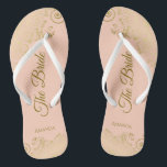 Gold Lace on Coral Peach The Bride Elegant Wedding Thongs<br><div class="desc">Dance the night away with these beautiful wedding flip flops. Designed for the bride, they feature a simple yet elegant design with gold coloured script lettering on a light orange or coral peach coloured background and fancy golden lace curls and swirls. Beautiful way to stay fancy and appropriate while giving...</div>