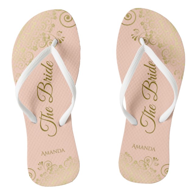 Gold Lace on Coral Peach The Bride Elegant Wedding Thongs (Footbed)